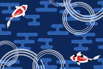 暑中見舞い　残暑見舞い　テンプレート　錦鯉とエ霞文様　横位置