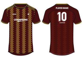 Sports jersey t shirt design concept vector template, Stripes printed Round neck football jersey concept with front and back view for Cricket, soccer, Volleyball, Rugby, tennis and badminton uniform