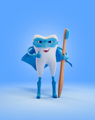 Tooth as super hero with  wooden toothbrush. Render 3d illustration