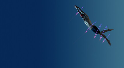 Professional caucasian male swimmer with hat and goggles practicing and training isolated on blue neoned studio background.