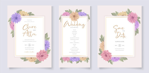 Fototapeta na wymiar Wedding invitation design with beautiful chrysanthemum flower ornament
