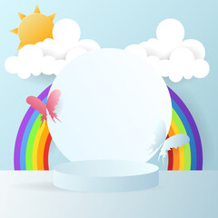 Abstract minimal blue cylinder podium product display with rain and cloud with butterfly presentation in a blue background, illustration 3d Vector EPS 10