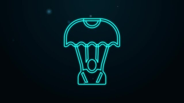 Glowing neon line Parachute icon isolated on black background. 4K Video motion graphic animation