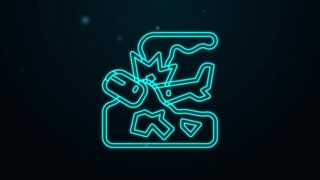 Glowing neon line Plane crash icon isolated on black background. 4K Video motion graphic animation