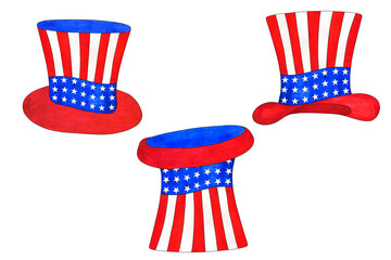 Watercolor set of uncle Sam's hat for 4th of July