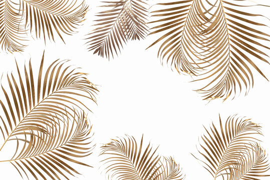 Gold Tropical Palm Leaves On White Background. Flat Lay, Top View Minimal Concept.  