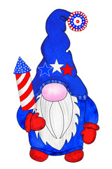 Patriotic gnome in american flag colors with firecracker