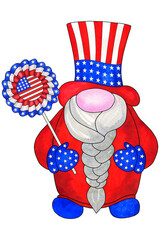 Patriotic gnome in Uncle Sam's hat with ribbon rosette