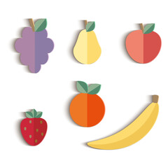 Paper cut out fruits and berries set on blue background. Vector illustration.