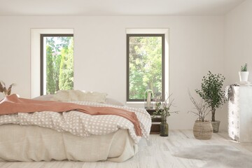 Stylish bedroom in white color with summer landscape in window. Scandinavian interior design. 3D illustration