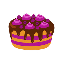 Sweet delicious cake. Cartoon style hand drawn vector illustration.Cake with cream, berries, fruits. For greeting cards, restaurants and bakery menus.