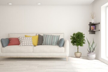 White living room with sofa. Scandinavian interior design. 3D illustration