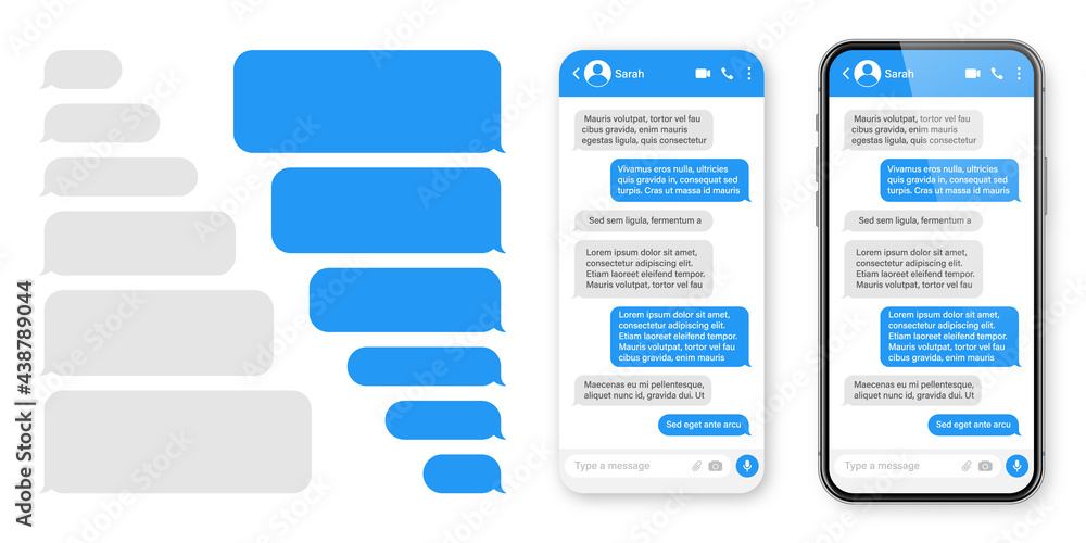 Poster realistic smartphone with messaging app. blank sms text frame. chat screen with blue message bubbles