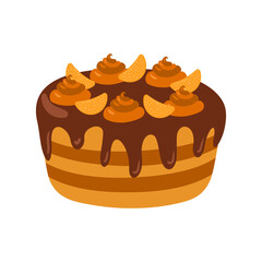 Sweet delicious cake. Cartoon style hand drawn vector illustration.Cake with cream, berries, fruits. For greeting cards, restaurants and bakery menus.