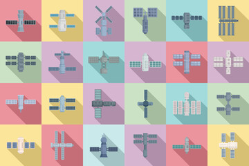 Space station icons set, flat style