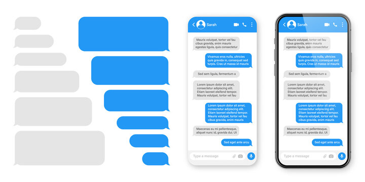 Realistic smartphone with messaging app. Blank SMS text frame. Chat screen with blue message bubbles. Social media application. Vector illustration.