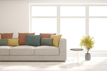 White living room with sofa. Scandinavian interior design. 3D illustration