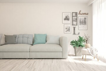Soft color living room with sofa. Scandinavian interior design. 3D illustration