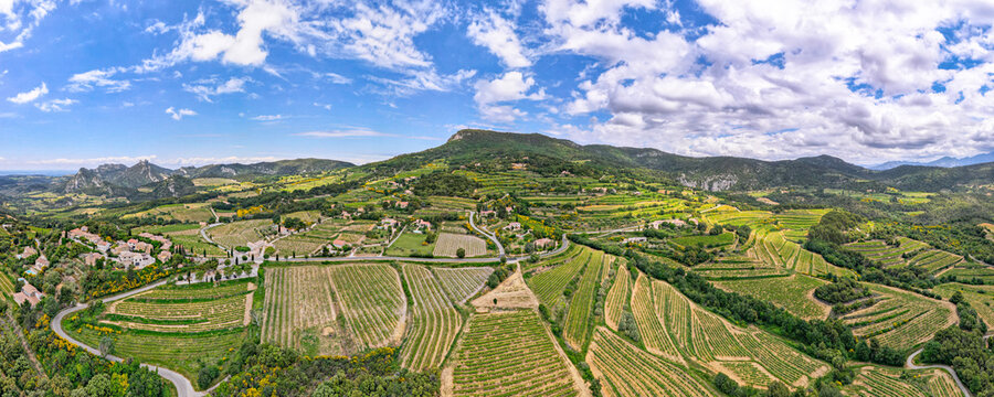 Aerial panoramic view of the vineyard in the Côtes du Rhône at the base of the Mont Ventoux beside les Dentelles de Montmirail