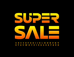 Vector promo banner Super Sale. Stellar bright Font. Gradient color Alphabet Letters and Numbers set