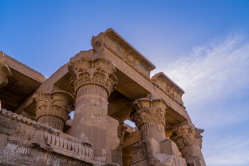 A view of the exterior columns of Kom Ombo Temple on the Nile River in Egypt