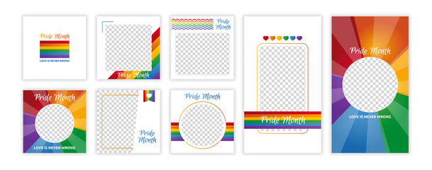 Pride Month template for instagram stories and posts. LGBT flag. Web online banner concept for social networks 