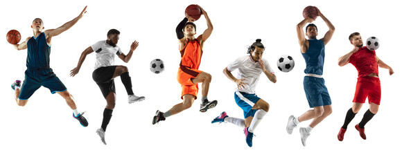 Sport collage. soccer football, basketball isolated on white studio background.