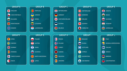European soccer tournament qualifying draw 2020 . Group of international football teams with flat circle country flag . Vector . - obrazy, fototapety, plakaty