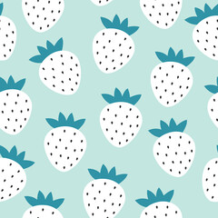White strawberries on a blue background. Seamless berry pattern. Suitable for background, printing on fabric, wallpaper, wrapping paper, phone case. Vector illustration