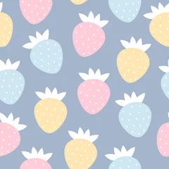 Poster Pink, blue, yellow strawberries on a light background. Seamless berry pattern. Suitable for background, printing on fabric, wallpaper, wrapping paper, phone case. Vector illustration in pastel colors © Victoria Guzeeva