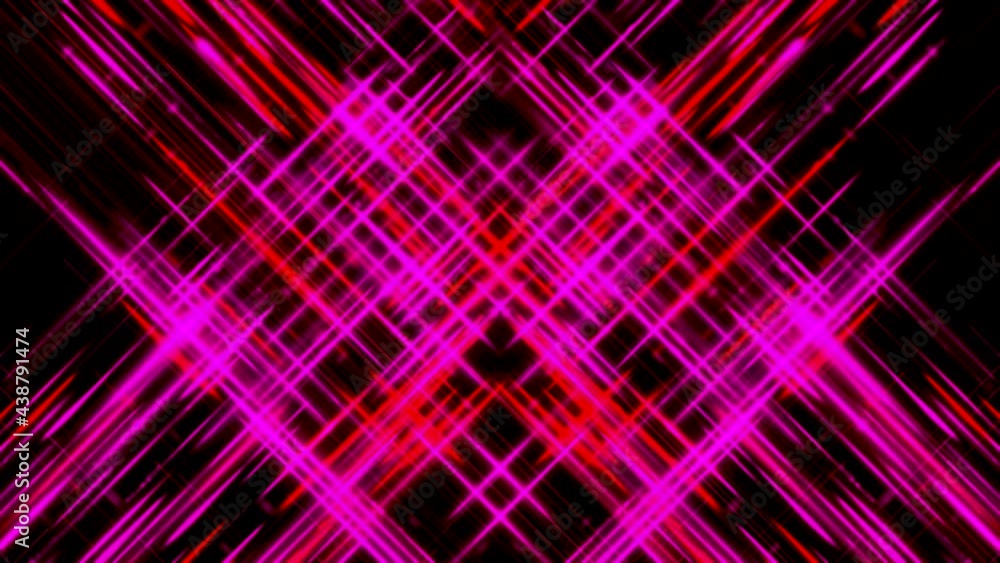 Poster abstract hypnotic colorful crossed lines forming a silhouette of a rhombus on black background, seam