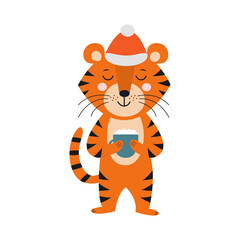 Fototapeta na wymiar Sweet winter tiger isolated on white background. Year of the tiger. Symbol of 2022. Tiger cub in a Santa hat with a cup of coffee or cocoa in its paws. Flat vector illustration.