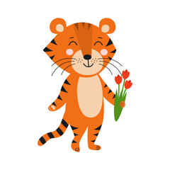 Cute tiger with flowers isolated on white background. Cartoon style. Sweet tiger with red tulips. Holiday concept. International Women's Day. March 8. Year of the tiger. Symbol of 2022.