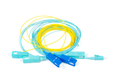 Fiber optic patch cord cables on white background