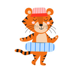 A cute tiger in a panama hat and a lifebuoy is going to swim. Symbol of 2022. Flat vector illustration. Cartoon style. Summer vacation concept.