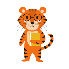 Sweet tiger with glasses and a book in his hands. The concept of the beginning of studies, knowledge day. Year of the tiger. Symbol of 2022. Flat vector illustration. Cartoon style.