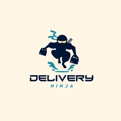 Express delivery ninja man courier holding food bag logo design vector template. Courier wearing mask to prevent covid-19, coronavirus, corona pandemic. Quarantine concept.