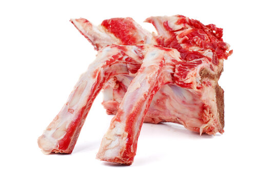 Raw cows bones of ribs or pig on white background, Bone for cooking broth. Food for dogs. Copy space