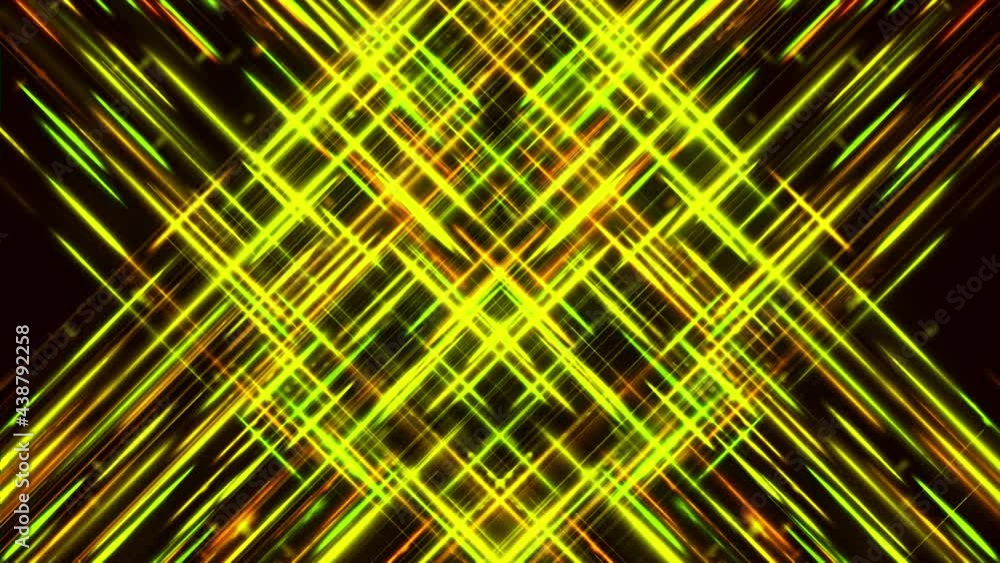 Poster abstract hypnotic colorful crossed lines forming a silhouette of a rhombus on black background, seam