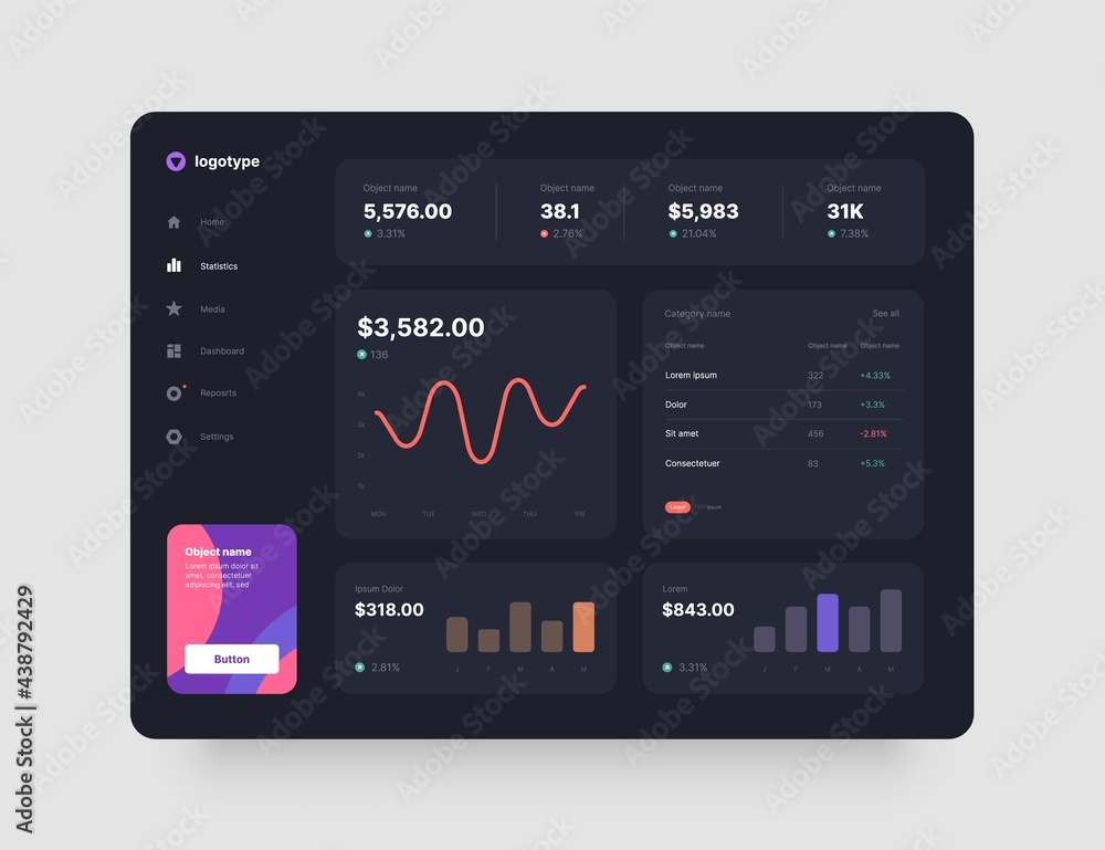 Fototapete Dashboard Design. App interface with UI and UX elements. Use design for web application, desktop app or website. Dark mode.