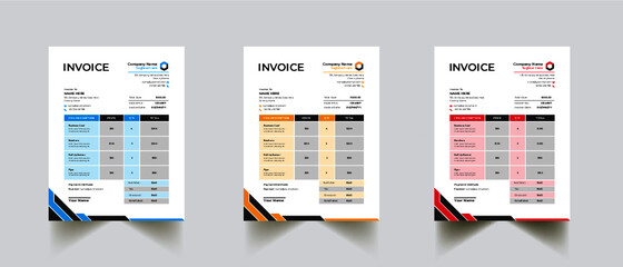 Invoice minimal design template. Bill form business invoice accounting. Modern and creative corporate business invoice template | Company business invoice template with color variation bundle