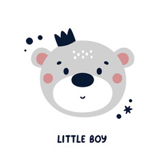 Cute vector nursery card with baby animal bear in trendy colors and phrase Little boy