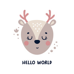 Obraz na płótnie Canvas Cute vector nursery card with baby animal bear in trendy colors and phrase Hello world