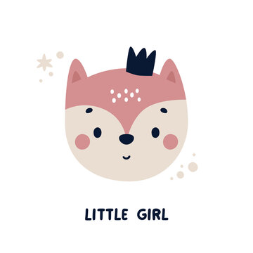 Cute vector nursery card with baby animal fox in trendy colors and phrase Little Girl