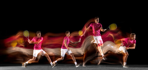Man playing tennis on black background in mixed light. Collage made of different photos of 1 fit young male player in motion or action during sport game.