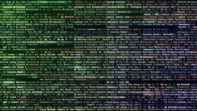 Horizontal lines with automatically written computer code by the Artificial Intelligence. Animation. Concept of energy and big data, electricity impulses flowing through code information, seamless