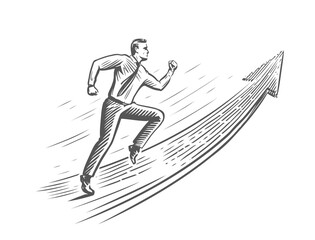 Businessman runs towards the target up the arrow. Business success concept. Vector sketch illustration