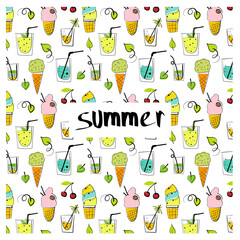 Cute seamless doodle summer abstract vector pattern. Hand-drawn sketch with summer elements - cocktails, ice-cream, plants, flowers and abstract elements. 

