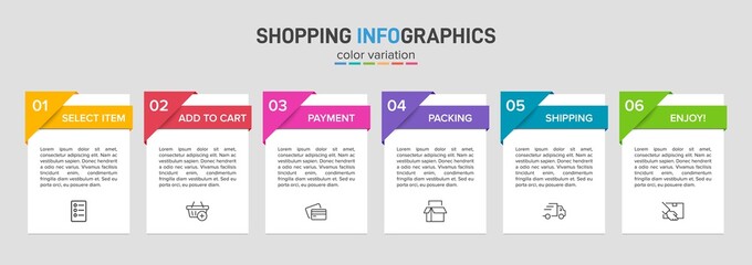 Concept of shopping process with 6 successive steps. Six colorful graphic elements. Timeline design for brochure, presentation, web site. Infographic design layout.