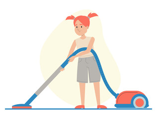 Girl vacuum cleaning the floor at home vector isolated. Child cleaning carpet. Daily routine, domestic work.